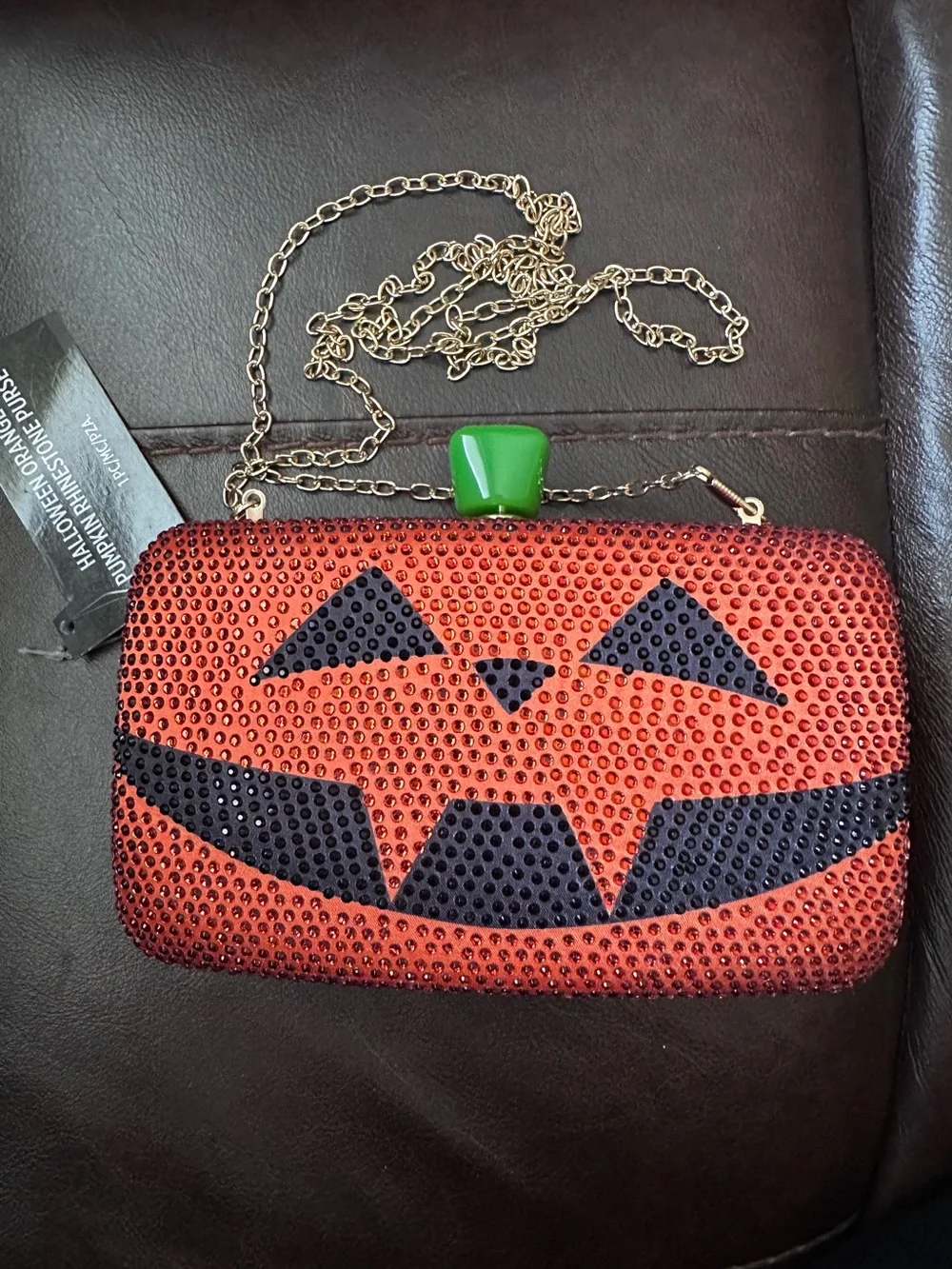 Rhinestone Bling Jack-O'-Lantern Pumpkin Evening Clutch with Gold Chain